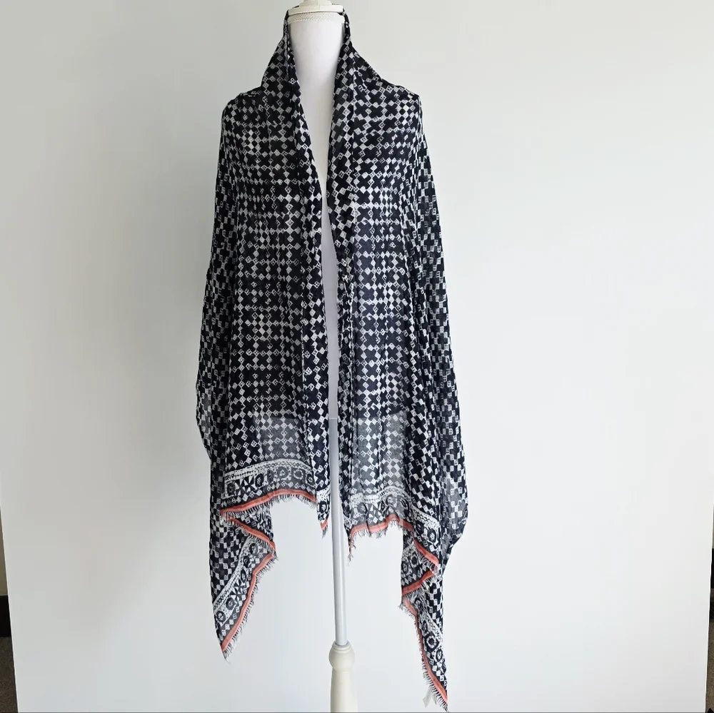 Loft Blue/White Fringe Geometric Print Summer Wrap Scarf